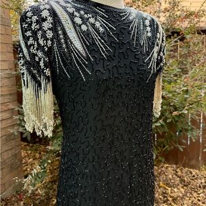 A.J. Bari Black and Silver Beaded Long Sleeve Dress